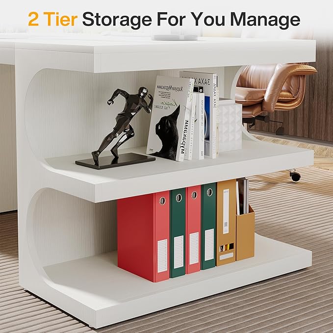 Tribesigns White Executive Office Desk, 63" Computer Desk with Storage Shelves, Modern Wood Study Writing Table, Large Workstation Business Furniture for Home Office (Table Only)