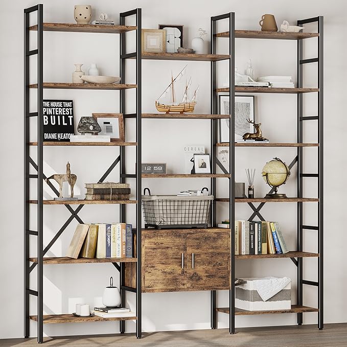 70x78 “ Triple 6 Tier Book Shelf, Industrial Large Bookcase with Storage Cabinet, Tall Bookshelf with 16 Open Display Shelves Metal Frame Furniture for Living Room Bedroom Home Office Brown