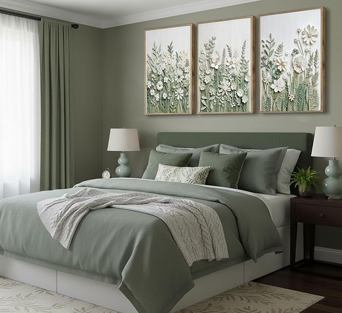 3 Pcs Sage Green Wildflowers Canvas Wall Art Neutral Minimalist Abstract Boho Floral Botanical Painting Pictures Wall Decor Poster Print Artwork for Living Room Bedroom Home Decoration Unframed