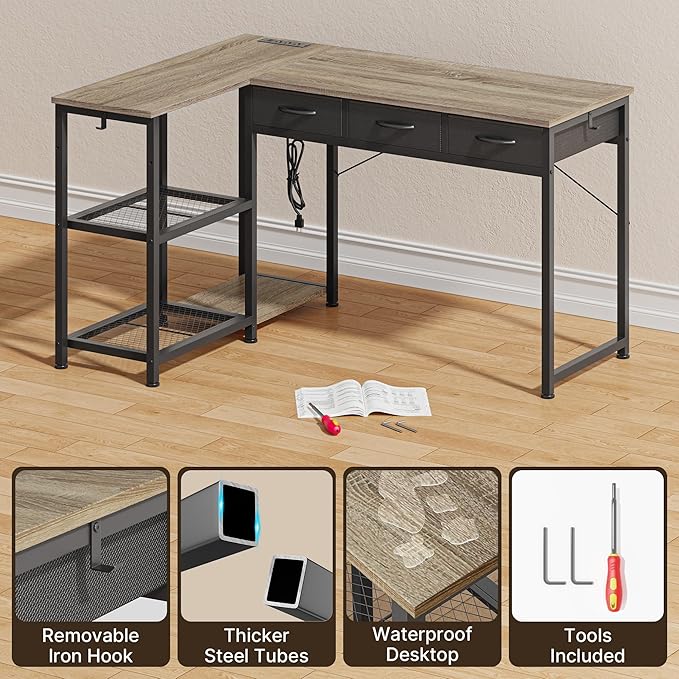 Gizoon 53 Inch L Shaped Computer Desk with Drawers, Corner Desk with Power Outlets & Reversible Storage Shelves with CPU Stand and 2 Hooks for Home Office Gaming (Grey)