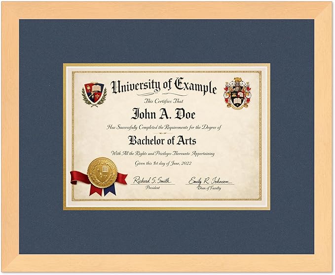 CountryArtHouse Diploma Frame Fits 11.69 x 8.27 A4 Certificate - Keepsake Graduation Display Natural Wood Genuine Hardwood with Navy Blue Over Metallic Gold Double mat