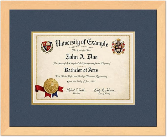 CountryArtHouse Diploma Frame Fits 11.69 x 8.27 A4 Certificate - Keepsake Graduation Display Natural Wood Genuine Hardwood with Navy Blue Over Metallic Gold Double mat
