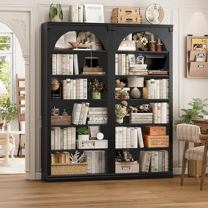 FACBOTALL 73" Tall Arched Bookcase and Bookshelf, Farmhouse Book Shelf with 6 Tiers Open Shelves, Arched Cabinet for Media CD DVD Storage, Wooden Tall Bookcase for Living Room, Home Office, Black