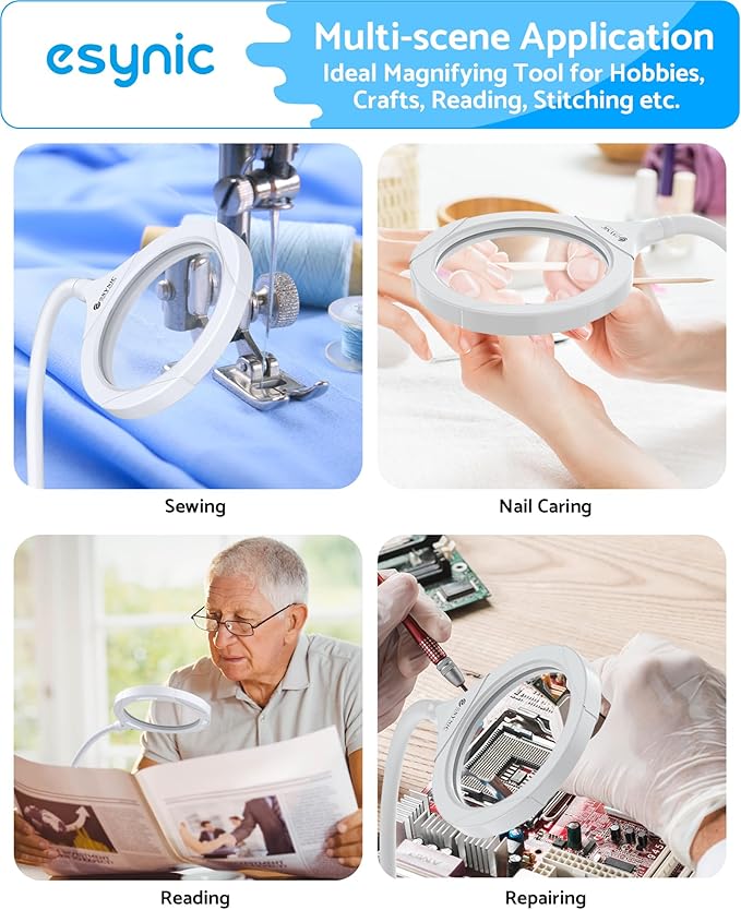 eSynic Lighted Magnifying Glass with Stand-USB-C Rechargeable-5X&10X Magnification-4.3" Large Lens-Desk Magnifier Lamp With Clamp & Heavy Base-3 Levels Brightness-Flexible Gooseneck for Reading Crafts