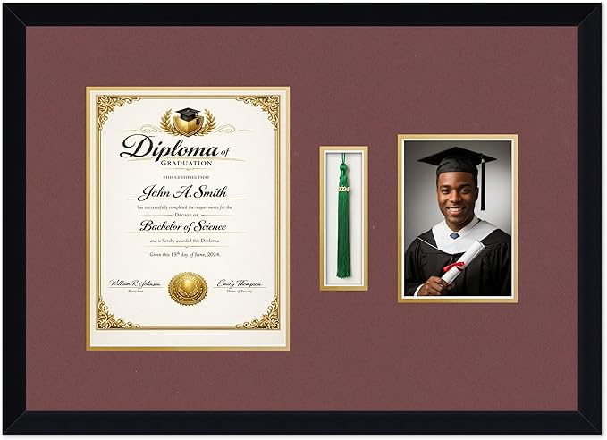 CountryArtHouse Diploma Tassel and Photo Shadowbox Fits 8.5 x 11 Certificate (Portrait) with Tassel Hook a Matte Black Genuine Hardwood with Dark Red Over Metallic Gold Double mat