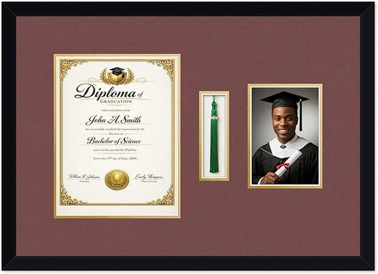 CountryArtHouse Diploma Tassel and Photo Shadowbox Fits 8.5 x 11 Certificate (Portrait) with Tassel Hook a Matte Black Genuine Hardwood with Dark Red Over Metallic Gold Double mat