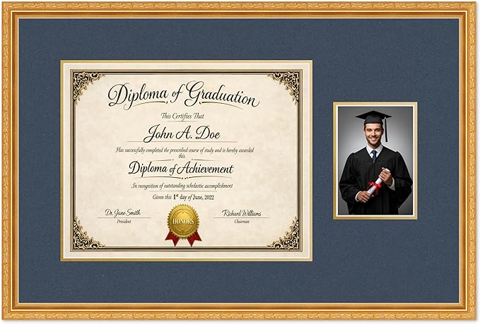 Diploma Frame With Photo Opening Museum Gold Navy Blue Over Gold Mat - Fits 15 x 12 Degree and Picture Made in the USA