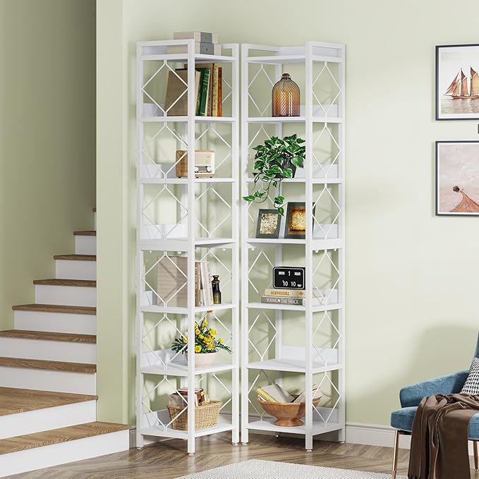 Tribesigns 78.7 Inch Extra Tall Narrow Bookshelf Set of 2, 7 Tier Skinny Bookcase for Small Spaces, Freestanding Display Shelves, Multifunctional Corner Storage Organizer for Home Office, White