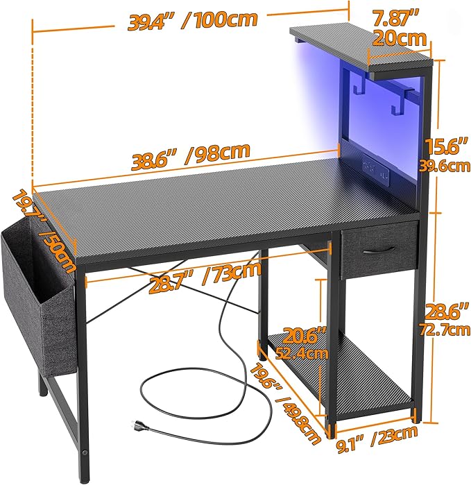 TIQLAB Gaming Desk 40 inch with Power Outlet and LED Light, Computer Desk with Reversible Shelves and Storage Drawer, Small PC Desk for Home Office Table with Bag, Carbon Fiber Black