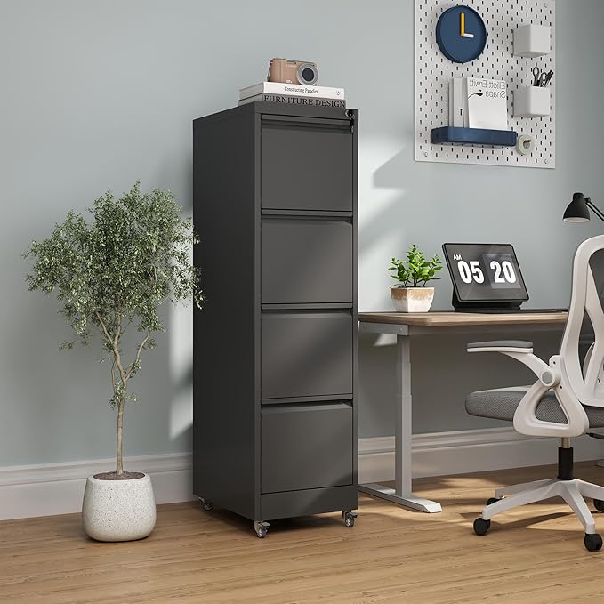 4 Drawer Mobile File Cabinet with Lock,Black Metal Locking Filing Cabinets,Vertical File Cabinet for Home Office,Rolling Storage Cabinet for A4/Letter/Legal Size File,Assembly Required