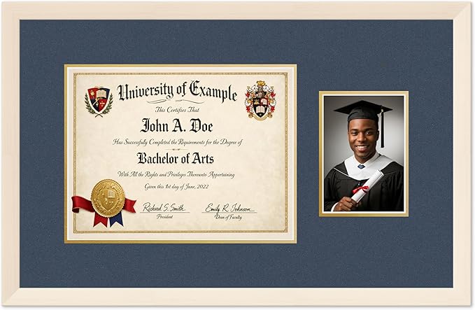 CountryArtHouse Fits 13 x 10 College Diploma (Traditional) and 5 x 7 Pho Diploma and Photo Frame Coastal Whitewash Genuine Hardwood with Navy Blue Over Metallic Gold Double mat