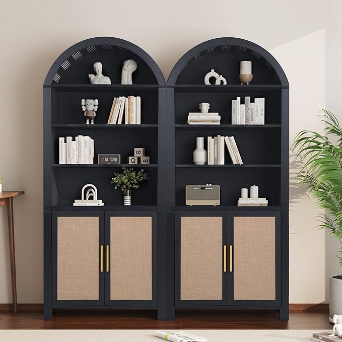 71" Tall Arched Bookcase with Storage, Mid-Century Modern 6-Tier Arch Cabinet with Door, Arched Bookshelf Cabinet with Open Display Storage Shelf for Office Living Room (Black)
