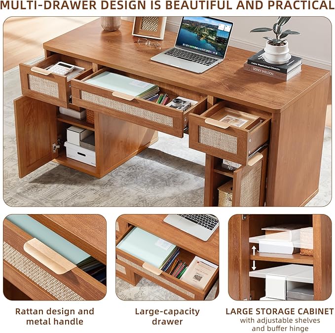 LEYAOYAO Office Desk 56" with 5 Drawers Storage File Cabinet Rattan Wood Desk for Computer Office Bedroom Home Furniture Brown