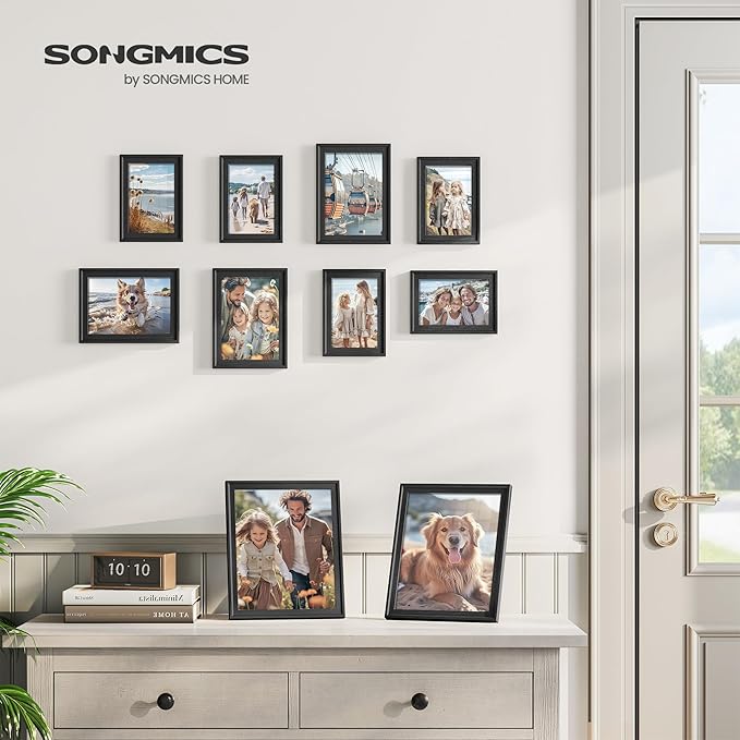 SONGMICS Picture Frames with 16 Mats, Set of 10 Collage Photo Frames, Two 8x10, Four 5x7, Four 4x6 Frames, Hanging or Table Display, Glass, 12 Non-Trace Nails, Ash Black URPF049B01