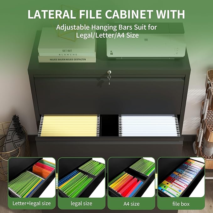 3 Drawer File Cabinet,Metal Lateral Filing Cabinet with Lock,Home Office Storage Organizer Cabinet for Legal/Letter/A4/F4 Size Files,35.5" W,Black