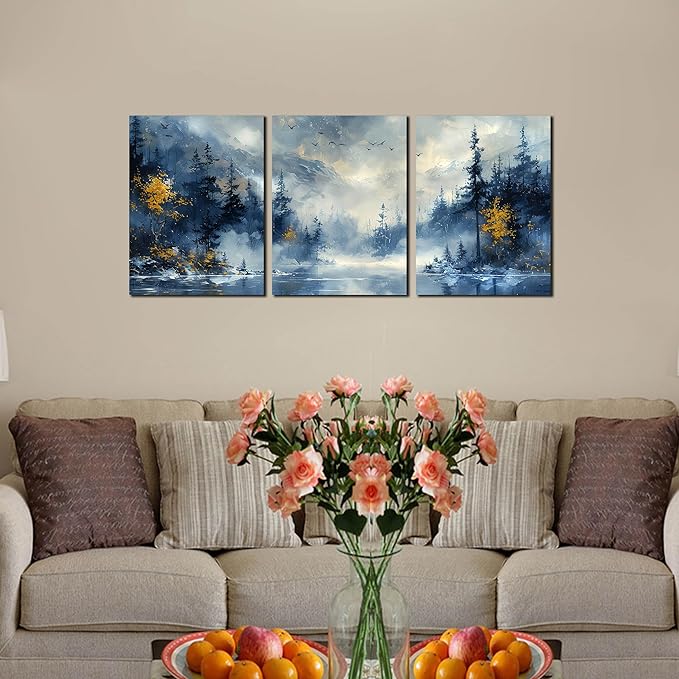 SIXTTART Forest Pictures Wall Art for Office - Modern Blue Canvas Art Wall Decor for Living Room - 3 Piece Wall Art for Bedroom Size 12" x 16"