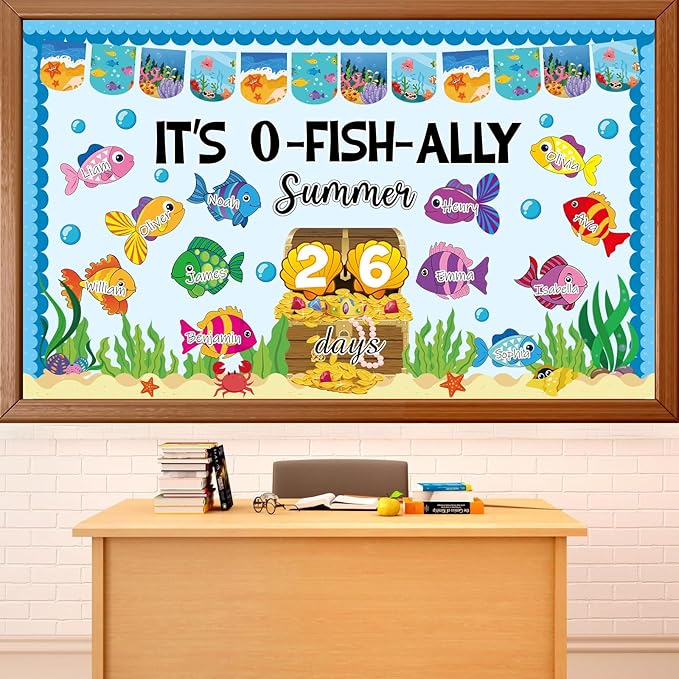Summer Ocean Count Down Bulletin Board Decorations O-Fish-Ally Summer Days Paper Cutouts End of Year Tropical Marine Fish Bulletin Board Set for Classroom School Home Wall Decor Supplies