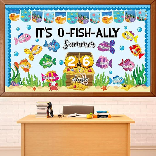 Summer Ocean Count Down Bulletin Board Decorations O-Fish-Ally Summer Days Paper Cutouts End of Year Tropical Marine Fish Bulletin Board Set for Classroom School Home Wall Decor Supplies