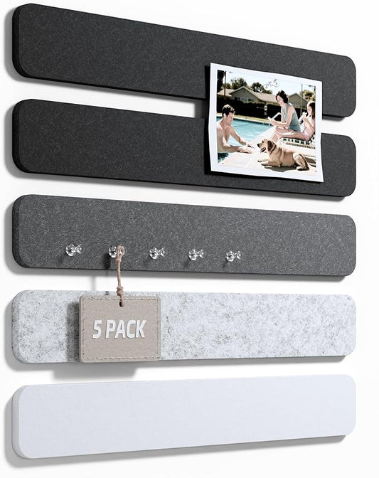 Fluxynara Cork Board Alternative Felt Strip Board 5-Pack 13"x2", Office Pin Board with 35 Push Pins, Adhesive Install for Bedroom Door & Home Office(Concrete Echo)