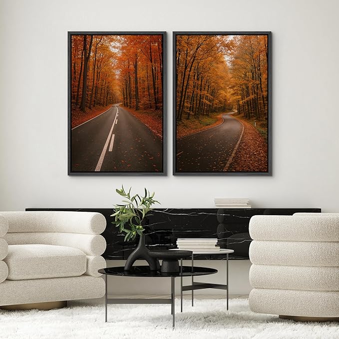 SIGNWIN Framed Canvas Print Wall Art Set Autumn Forest Road Nature Landscape Illustrations Modern Art Minimal Boho Relax/Calm for Living Room, Bedroom, Office - 24"x36"x2 Black