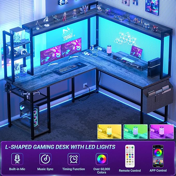 Aheaplus L Shaped Gaming Desk, Reversible L Shaped Desk with Power Outlet and Led Lights, Gaming Desks Corner Computer Desks with Hutch, Monitor Stand and Storage Bag for Home Office, Black Oak