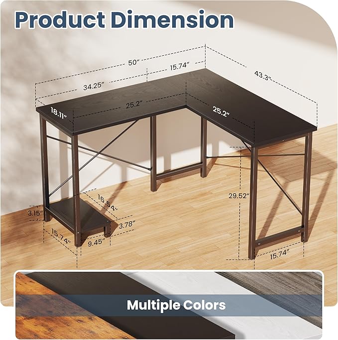 DUMOS L Shaped Desk, Computer Gaming Desks Corner Office Table with CPU Shelf for Home Study Writing Work Station 50 Inch, Black