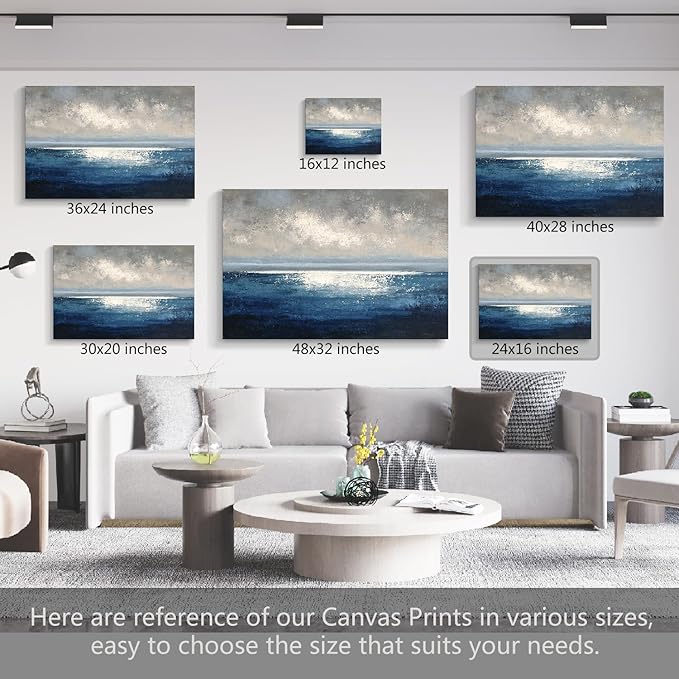 gaosoul Modern Blue Abstract Canvas Wall Art Hand Painted Oil Seascape Prints with Gradient Ocean Blues Misty Gray Sky Gallery Wrapped Wall Decor for Living Room Bedroom Office Framed 24x16in