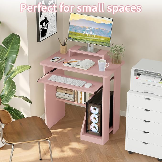 ALISENED 30" Small Computer Desk with Keyboard Tray Monitor Stand, Study Writing Desk with Storage Shelves, Modern Workstation for Small Spaces, Save Space, Pink