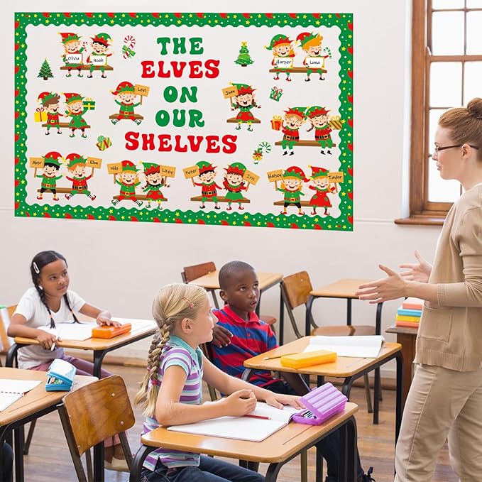 Christmas Elf Bookshelf Bulletin Board Set Elves On Our Shelves Classroom Decorations Xmas Elf Paper Cutouts Red Green Bulletin Board Border for School Wall Xmas Holiday Party Decor Teacher Supplies
