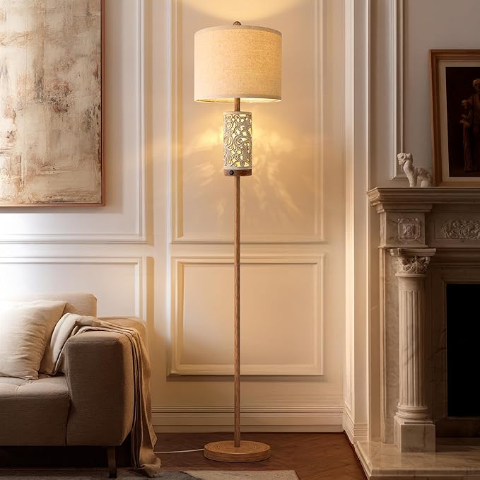 OYEARS 65" Floor Lamp with Night Light,Farmhouse Floor Lampfor Bedroom,Tall Floor Lamp for Living Room,Vintage Standing Lamp with Linen Shade,Boho Reading Lamp for Home Decor (Brown,Bulbs Included)