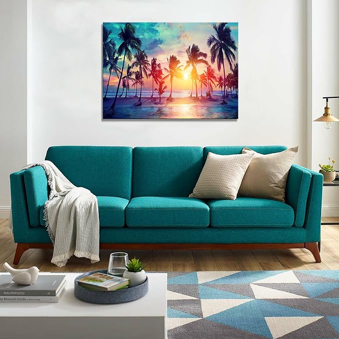 DZL Art S75569 Canvas Wall Art Palm Trees Silhouettes On Tropical Beach At Sunset Beach Seascape Painting Nature Pictures for Living Room Home Office Wall Decor Artwork