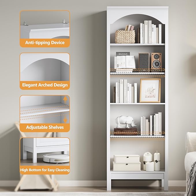 Arched Bookshelf with 5 Tier Open Shelves, 71" Tall Wood Bookcase with Adjustable Shelves, 24" Wide Floor Standing Display Storage Shelf for Home Office, Kitchen, Study and Living Room, Modern White