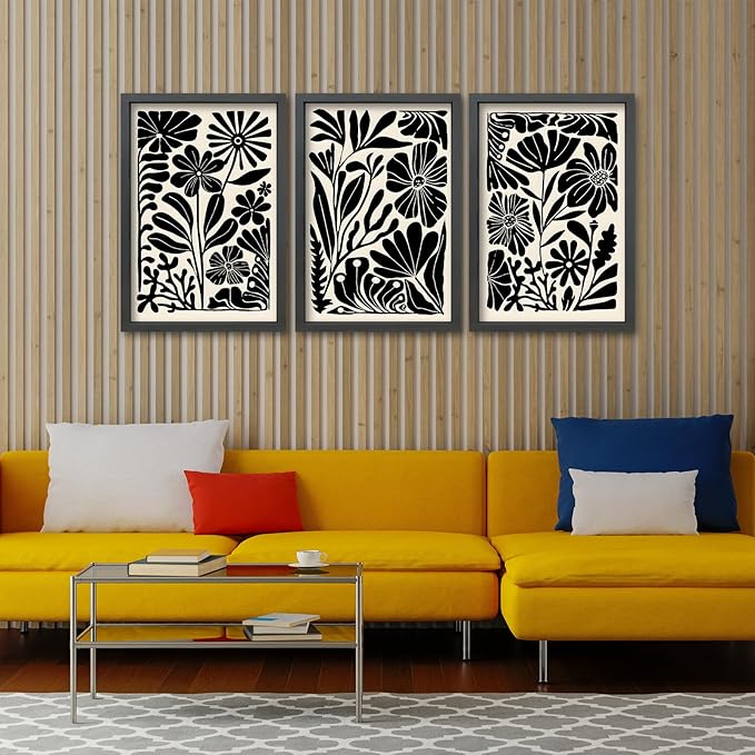 TQianJiang Flower Plant Sign Wall Decor 24"x16" Set of 3 Black And White Botanical Painting Wood Framed for Bedroom Abstract Wildflower Hanging Art (Black)