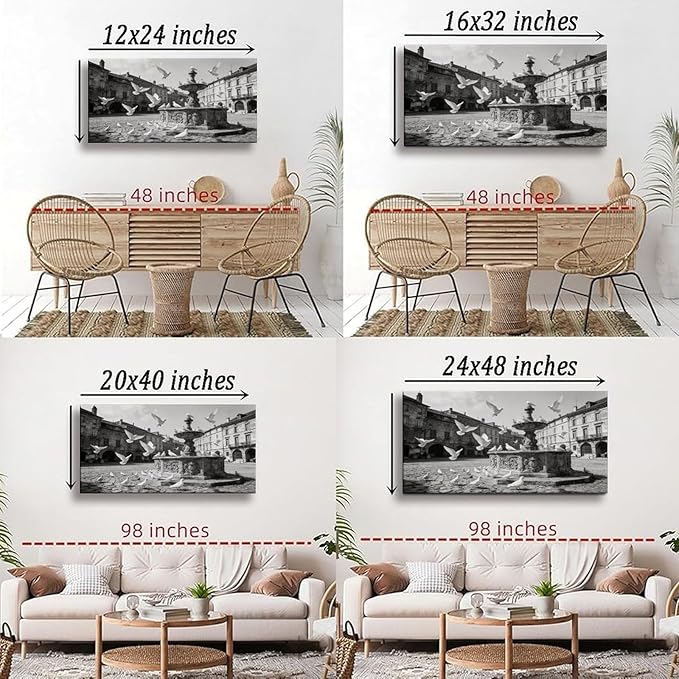Vintage City Square Framed Canvas Wall Art for Dining Room, Black White Decor 48" L x 24" W