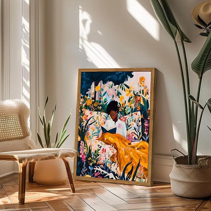 Framed Black Woman Reading Wall Art, Boho Black Girl Colorful Floral Paintings Wall Decor, African American Pictures Canvas Prints Aesthetic Home Decor for Living Room Bedroom Dorm 16x24 inch