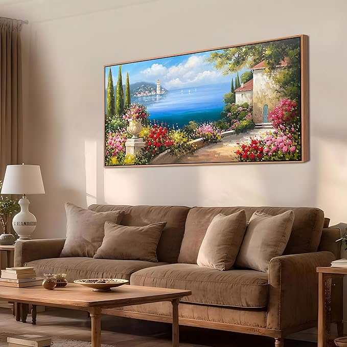 Arjun Large Wood Framed Landscape Wall Art Canvas Living Room Hand Painted, Mediterranean Seascape Painting Bedroom Flower Blue Ocean Picture Artwork Home Office Wall Decor, 48"x24"