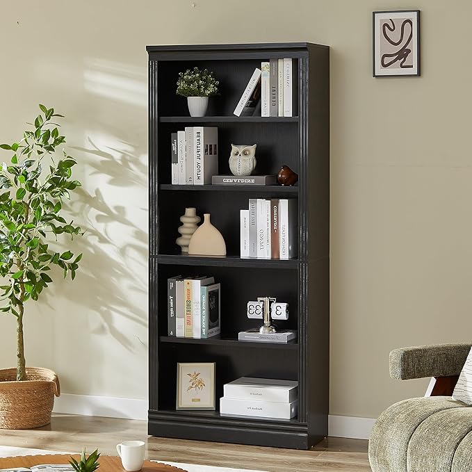 JAHRSTIM Halston Standard Bookcase, Adjustable Storage Open Display Shelving Unit for Home and Office Space, 14”L x 31.50”W x 72.50”H, Black