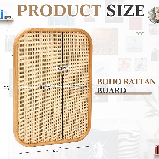 Vintage Framed Pin Board Linen Display Bulletin Board Large Cork Fabric Picture Photo Pinboard Memo Ornate Decorative Pinboard Ornate for Wall Gift(Rectangle,20'' X 26'',Natural Rattan)