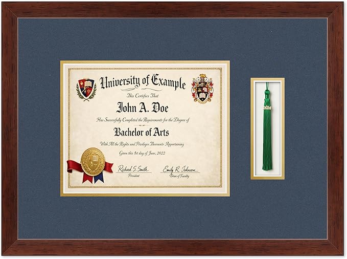 CountryArtHouse Diploma and Tassel Frame Fits 10 x 8 Professional License with Tassel Hook Rustic Walnut Genuine Hardwood Shadowbox with Navy Blue Over Metallic Gold Double mat