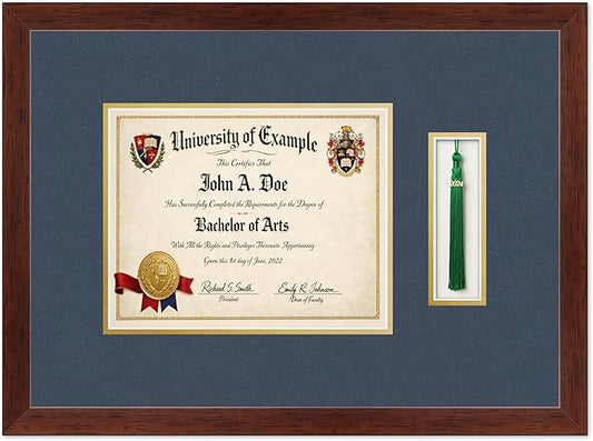 CountryArtHouse Diploma and Tassel Frame Fits 10 x 8 Professional License with Tassel Hook Rustic Walnut Genuine Hardwood Shadowbox with Navy Blue Over Metallic Gold Double mat