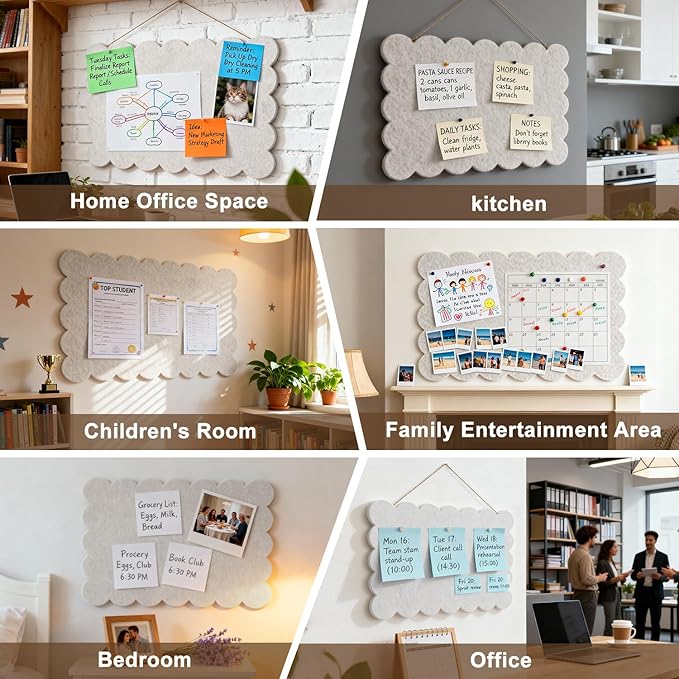 Hanging & Wall-Mounted Felt Bulletin Board with Scalloped Edges, Large Multi-Use Pin Board, Cork Board Alternative for Office, Includes Hanging Rope, Hardware, and Double-Sided Tape（35.4 * 23.6inch）