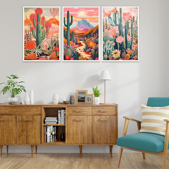 Boho Cactus Wall Art Vintage Pink Orange Plant Floral Wall decoration pictures Colorful Southwestern Rustic Painting Desert Landscape Poster Prints for Living Room Bathroom Bedroom(16x24in UNFRAMED)