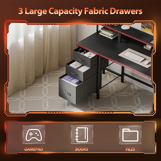Mericonia Computer Desk 63 inch with Power Outlets & LED Lights, Gaming Desk with 3 Drawers for Home Office, Small Desk with Monitor Stand for Small Spaces, Study Writing Desk