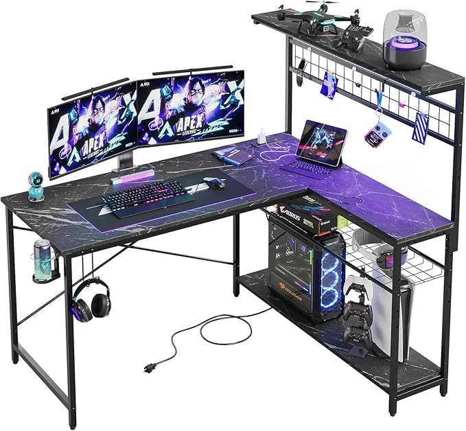 Bestier Gaming Desk 51" L-Shaped, with Power Outlets & LED Lights- 4 Tier Shelves, Reversible Gamer Table with Hooks & Cup Holder for Home Office Black Marble