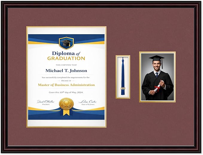 Diploma Tassel and Photo Frame Executive Brown Shadowbox Dark Red Over Gold Mat - Fits 11 x 14 Degree Picture Made in the USA