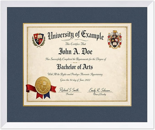 CountryArtHouse Diploma Frame Fits 17 x 13 International Diploma - Keepsake Graduation Display Bright White Genuine Hardwood with Navy Blue Over Metallic Gold Double mat