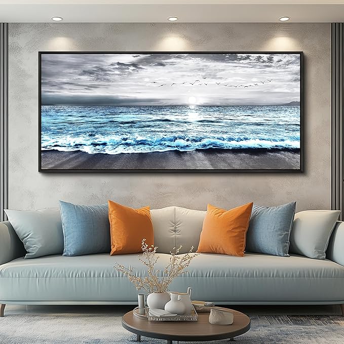 Wapluam Large Wall Art For Living Room Wall Decor For Office Black And White Painting Bedroom Wall Decorations Blue Sea Wave Pictures Artwork For Modern Black Framed Beach Canvas Prints Poster