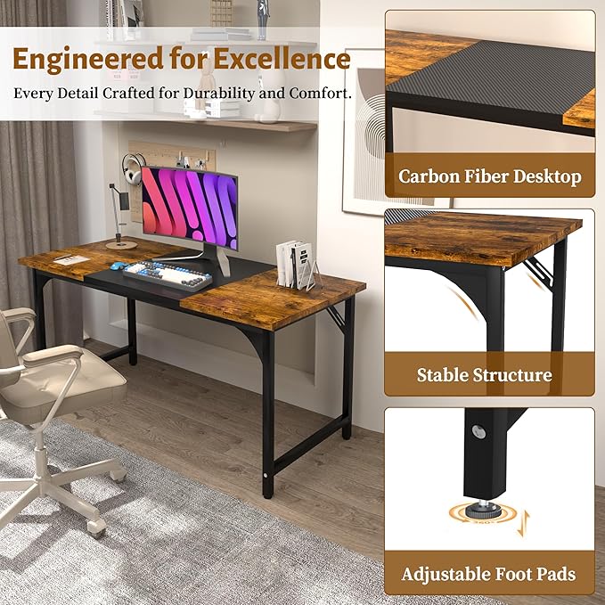 AZN Computer Desk, 55in Computer Desk, Gaming Office Desk w/Carbon Fiber Tabletop, Gaming Office Desk w/Sturdy Metal Frame, Home Office Desks w/Large Legroom for Game Work Study Writing,RusticBrown
