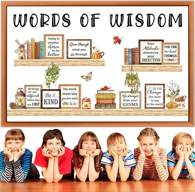 Qilery Bookshelf Bulletin Board Set, Motivational Words of Wisdom Cutouts for Classroom Decor, Rustic Boho Library Reading Nook Wall Posters, Inspirational Teacher Supplies for Back to School
