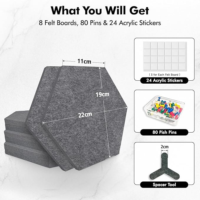 8-Pack Hexagon Felt Cork Board with 80 Push Pins, 1/2" Thick Felt Bulletin Pinboard with Adhesive Tabs, Geometric DIY Cork Board Wall Tiles for Home Office Classroom (Dark Grey)
